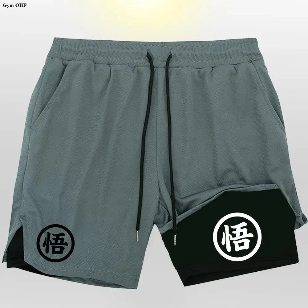 Goku Anime Running Shorts Men Fitness Gym Training 2 in 1 Sports Shorts Quick Dry Workout Jogging Double Deck Shorts