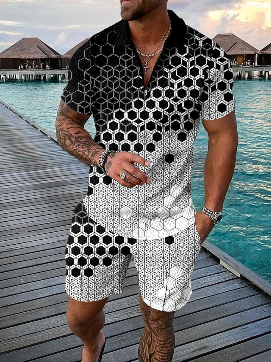 Summer men's fashion trend Fitness sports short-sleeved shorts two-piece casual printed slimming men's suit