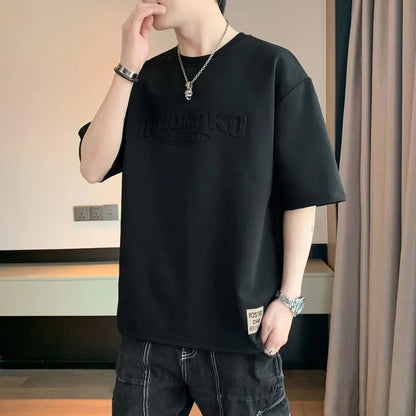 2025 Summer New Men's Short Sleeve T-Shirt Hong Kong Style Loose Fit Versatile Ice Silk Thin Clothing Youth Trendy
