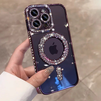 High-grade Glitter Rhinestones Phone Case For iPhone 16 15 11 12 13 14 Pro Max 16 Plus Magsafe Magnetic Clear Lens Protect Cover