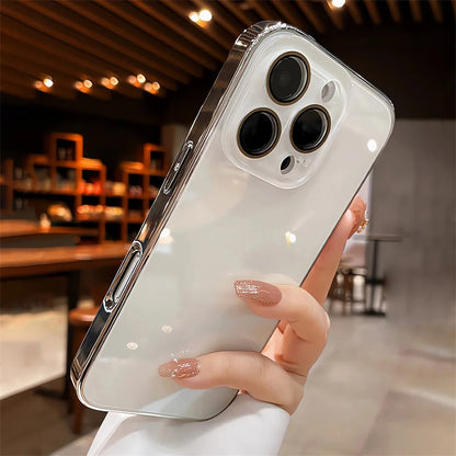 Luxury Plating Bumper Armor Glossy Phone Case For iPhone 15 16 Pro Max 14 13 12 11 Crystal Glass Full Lens Protection Back Cover