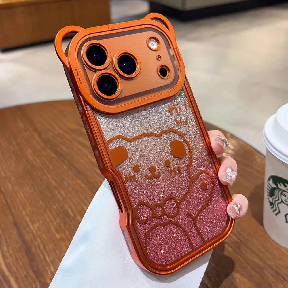 Orange Cute Bear Ear Plating Transparent Long Lanyard Case For iPhone 17 Pro Max 17Pro 17 Air Clear Soft TPU Shockproof Cover