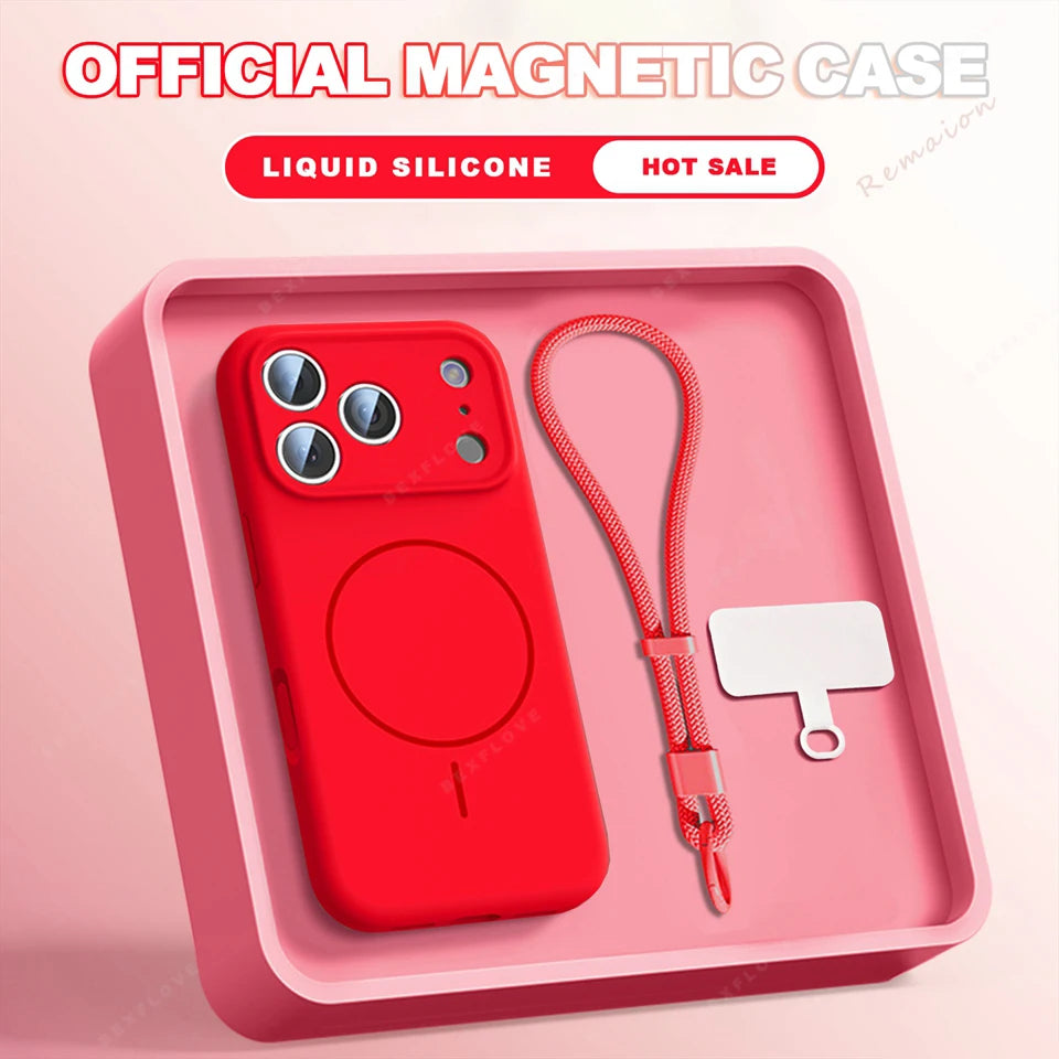 Red liquid silicone magnetic phone case with a matching red wrist strap and white card, presented in a pink tray with promotional text overlays.
