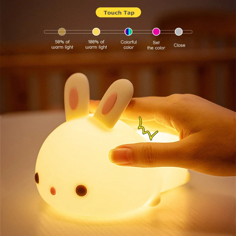 Touch Sensor RGB LED Rabbit Night Light 16 Colors USB Rechargeable Silicone Bunny Lamp for Children Baby Toy Festival Gift