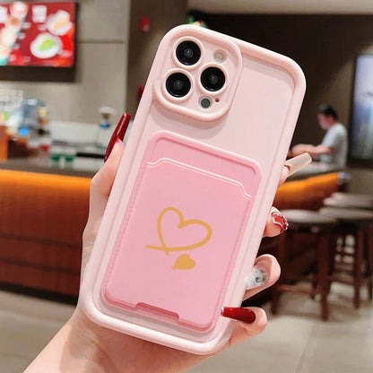 Luxuly Love Heart Insert Card Bag Silicone Soft Phone Case For iPhone 16 15 14 13 12 11 Pro Max XR XS X 7 8 Plus SE 2020 Cover