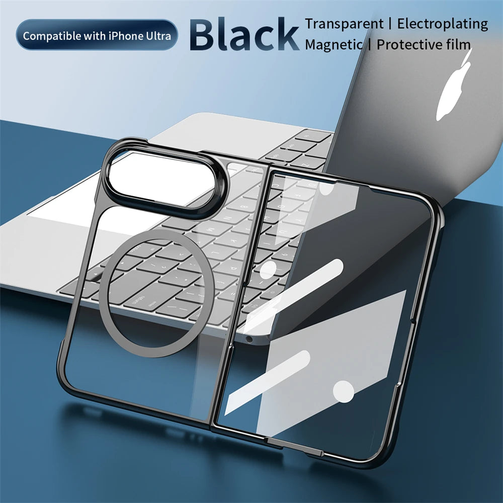 Transparent magnetic phone case with a black metal frame, shown over a laptop on a blue surface. Text at the top reads 'Compatible with iPhone Ultra' and 'Black Transparent | Electroplating | Magnetic | Protective film'.
