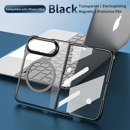Transparent magnetic phone case with a black metal frame, shown over a laptop on a blue surface. Text at the top reads 'Compatible with iPhone Ultra' and 'Black Transparent | Electroplating | Magnetic | Protective film'.