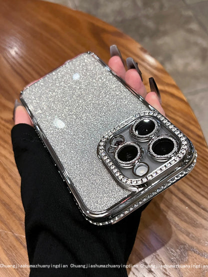 Luxury Plating Diamond Rhinestone Glitter Case For iPhone 11 12 13 14 15 16 Pro Max Plus Transparent Bling Soft Silicone Cover