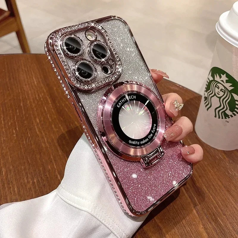 Luxury Glitter Rhinestone for Magsafe Bracket Case for iPhone 15 14 11 12 13 Pro Max Plus Bling Diamond Gradient Stand TPU Cover