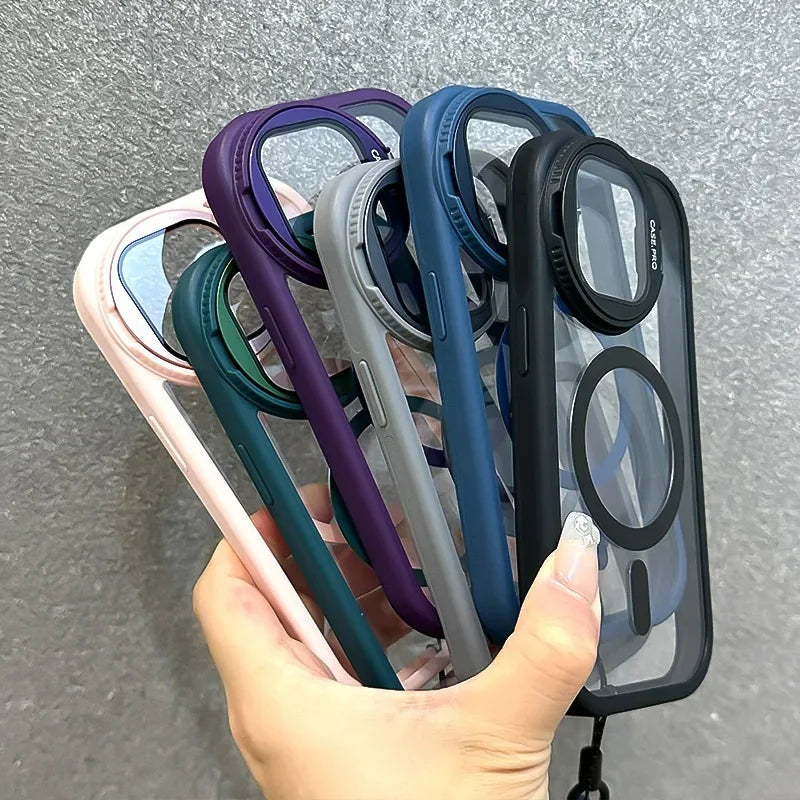 16 ProMax Flip Lens Bracket Magsafe Case for iPhone 16 15 14 13 12 11 Pro Max 16 Plus Fashion Nylon Lanyard Clear Magnetic Cover