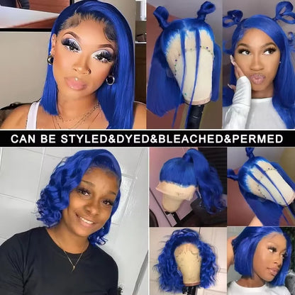 Dark Blue Short Straight Bob Wigs Human Hair 13x4 HD Lace Frontal Human Hair Wigs For Women 200 Density