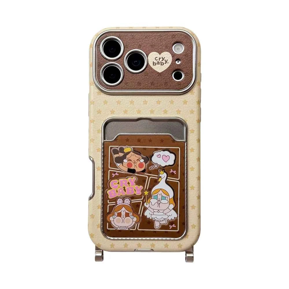 Kawaii Cartoon Cry Girls Card Holder Phone Case For iPhone 16 Pro 14 15 17 Pro Max Cover with Hand Rope Cute Protective Cases