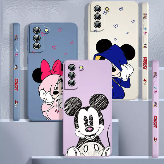 Mickey💙Mouse character case For Samsung Galaxy S24 S23 Note 20 Liquid Left Rope Phone Case