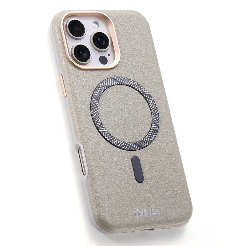 A light beige textured phone case with a rose gold camera bumper and a dark gray MagSafe ring, shown on a white background.