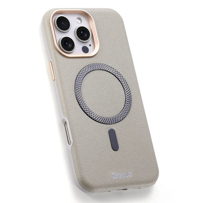 A light beige textured phone case with a rose gold camera bumper and a dark gray MagSafe ring, shown on a white background.