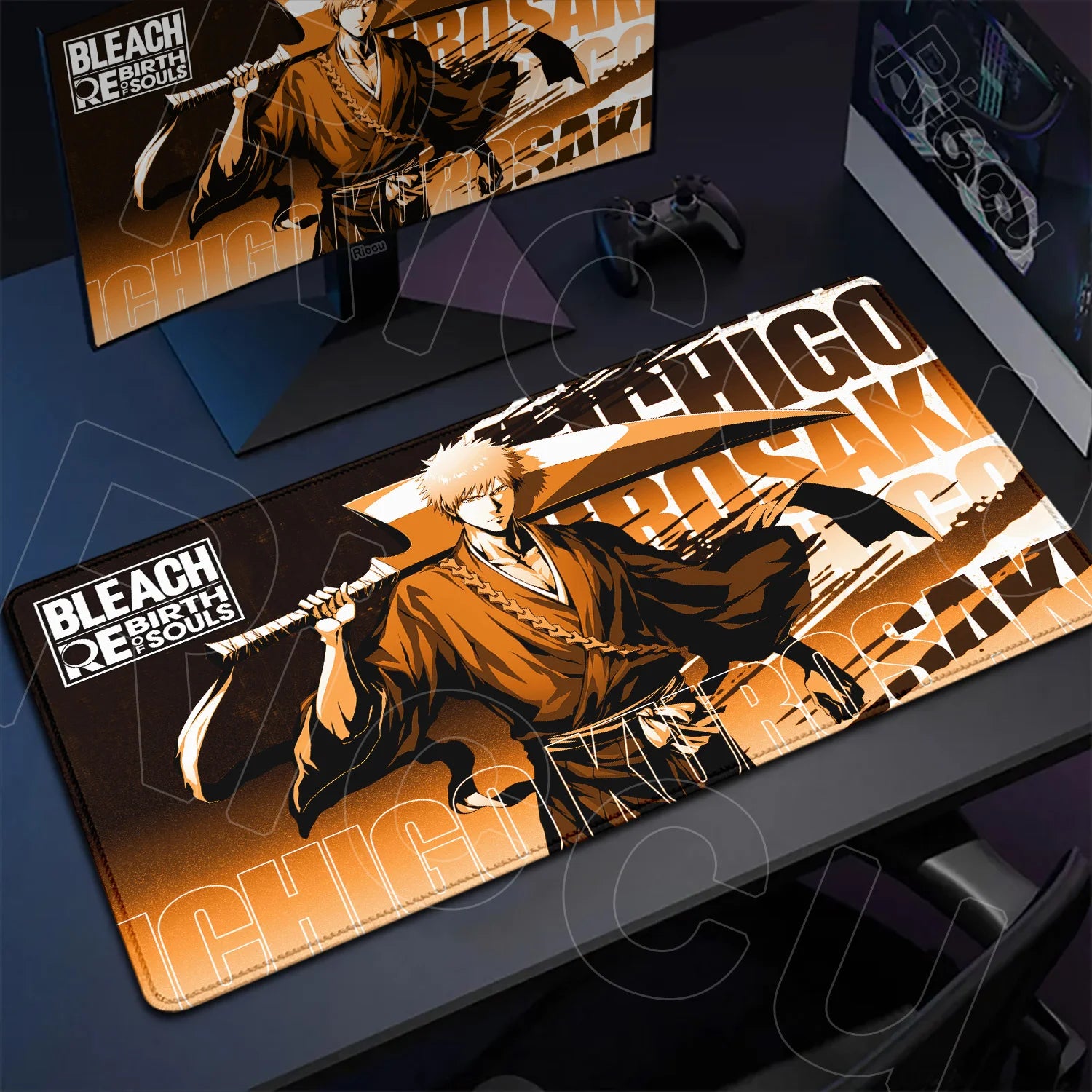 Bleach-themed mouse pad on a desk with a monitor displaying the same design.