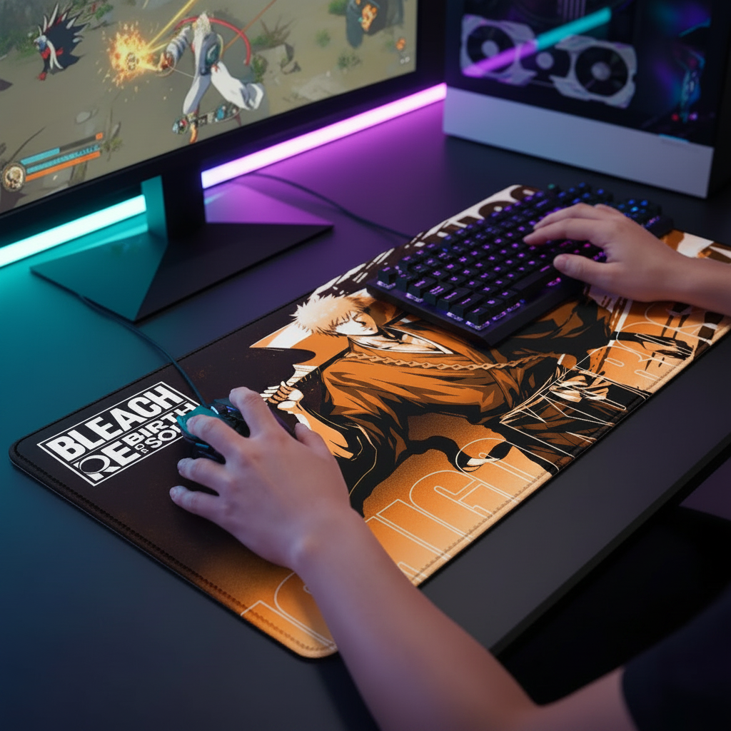 Person playing a game on a computer setup with a Bleach-themed mouse pad.