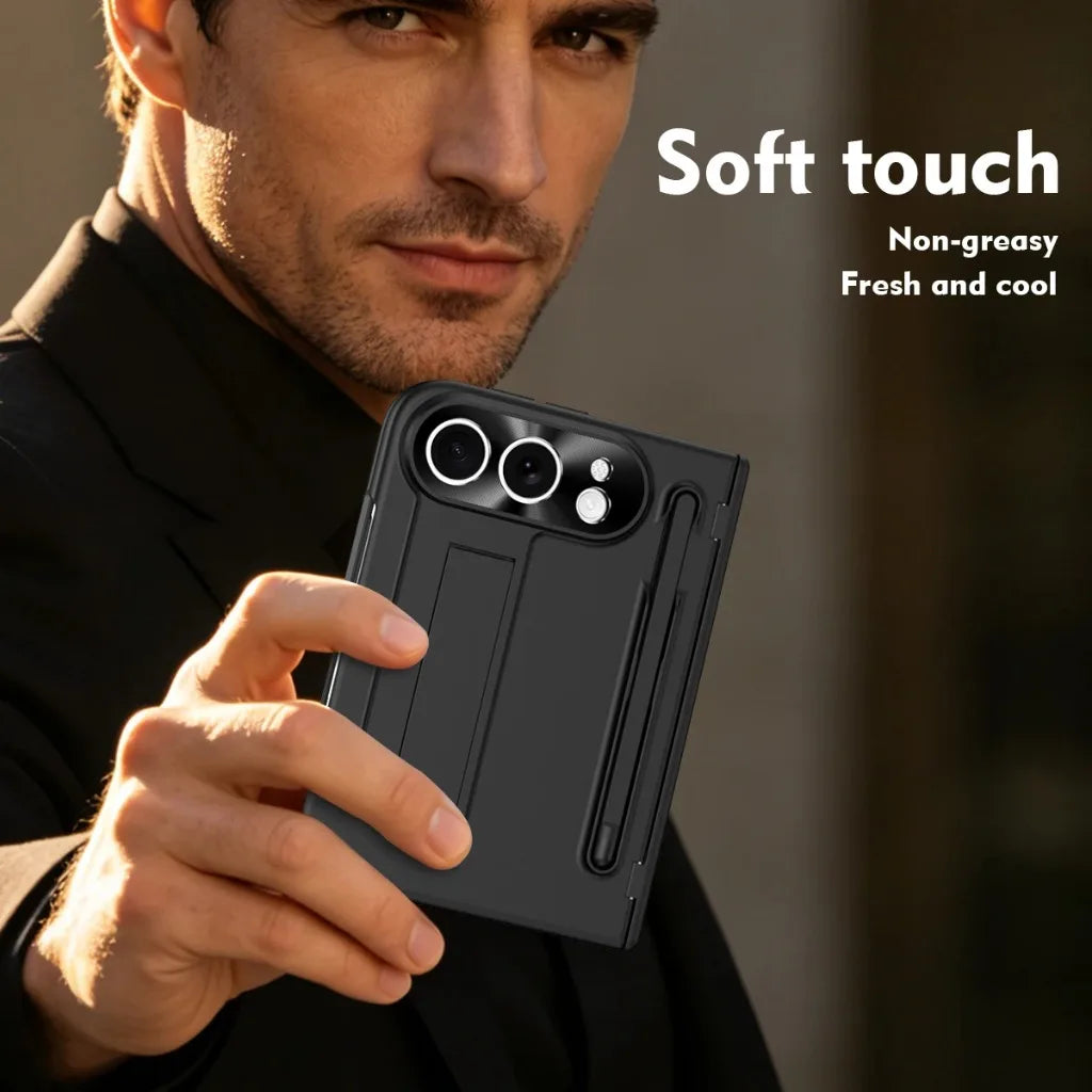 A man in a black suit holds a black slim smartphone case with a card slot and camera cutout. White text on the right reads 'Soft touch Non-greasy Fresh and cool'.