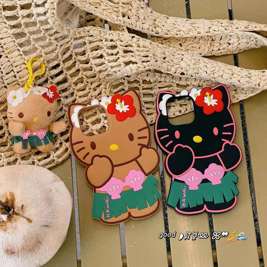 Kawaii Hello Kitty Phone Case For iPhone 17 16 15 14 13 12 11 Pro Max Plus 17 Pro Hawaiian Hula Skirt Kitty Silicone Phone Cover