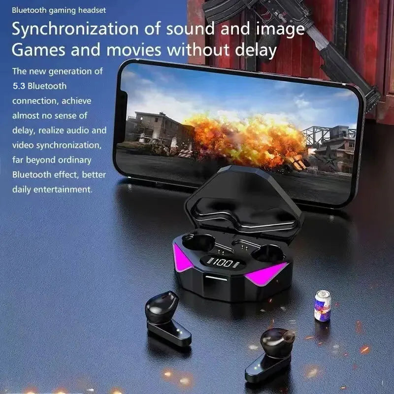 Bluetooth gaming headset with phone displaying an explosion, on a dark surface with text about synchronization.