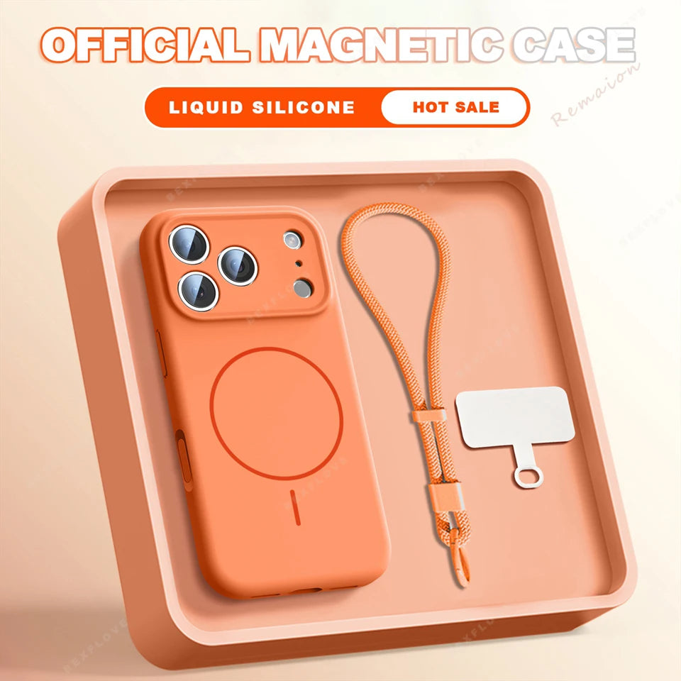 An orange liquid silicone magnetic phone case shown inside its matching orange presentation box, alongside an orange braided wrist strap and a small white card. The image includes promotional text at the top reading 'OFFICIAL MAGNETIC CASE', 'LIQUID SILICONE', and 'HOT SALE'.