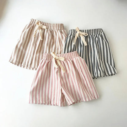 Spring Summer Boys Striped Loose Pants Baby Girl Vintage Casual Linen Cotton Harlan Pants Kids Lace-up Pant Children Clothing