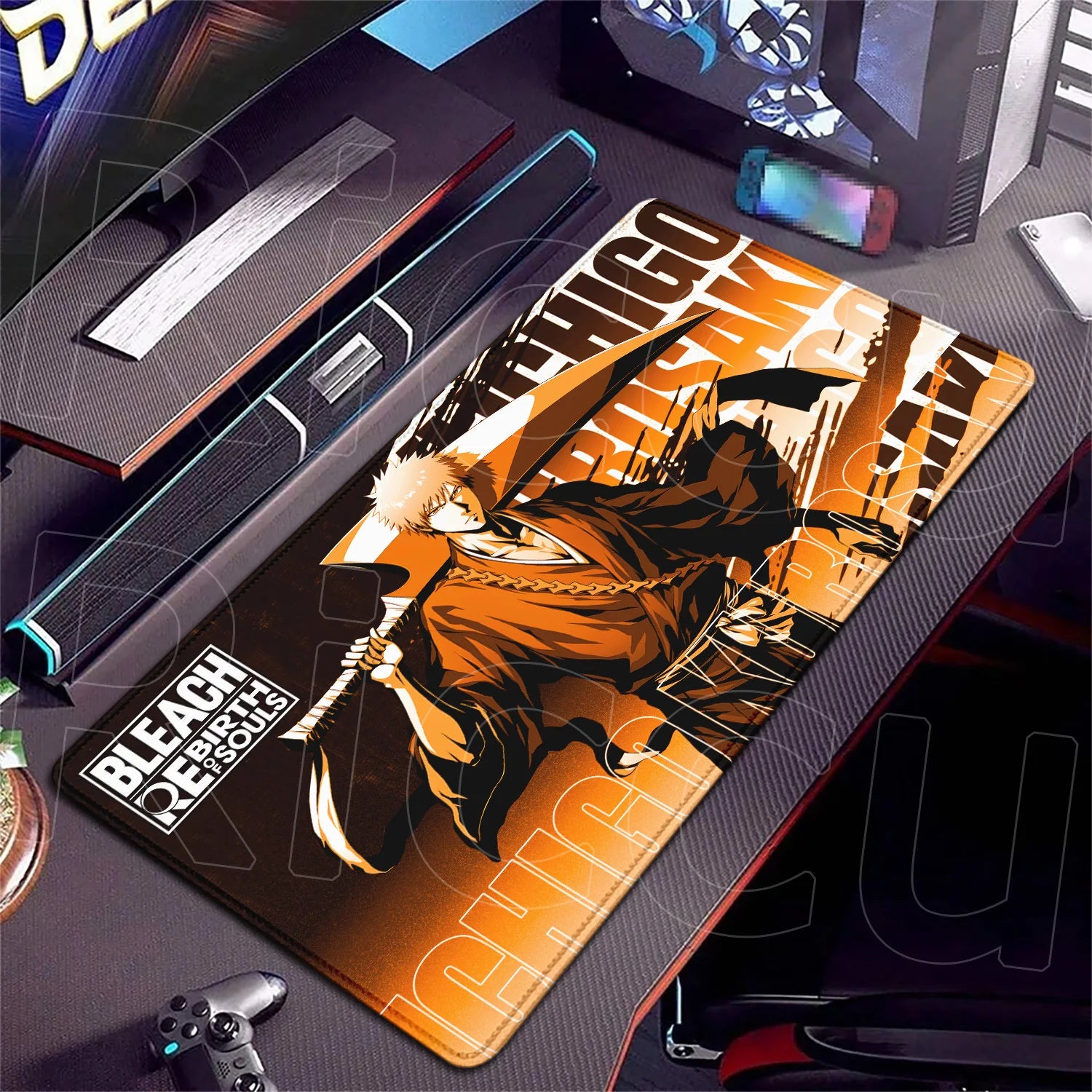 Gaming mouse pad with anime character design on a desk with gaming equipment.