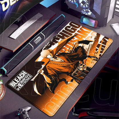 Gaming mouse pad with anime character design on a desk with gaming equipment.