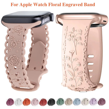 For Apple Watch Band 44mm 42mm 41 40mm 45mm 49mm 44mm Floral Engraved bracelet correa for iwatch series 9 7 SE 6 8 Ultra 2 Strap