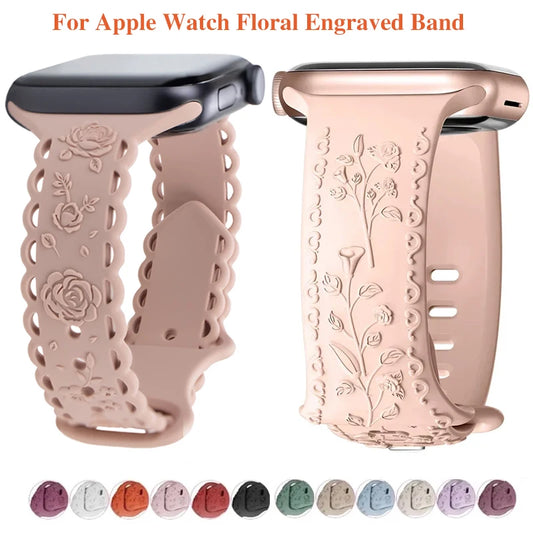 For Apple Watch Band 44mm 42mm 41 40mm 45mm 49mm 44mm Floral Engraved bracelet correa for iwatch series 9 7 SE 6 8 Ultra 2 Strap