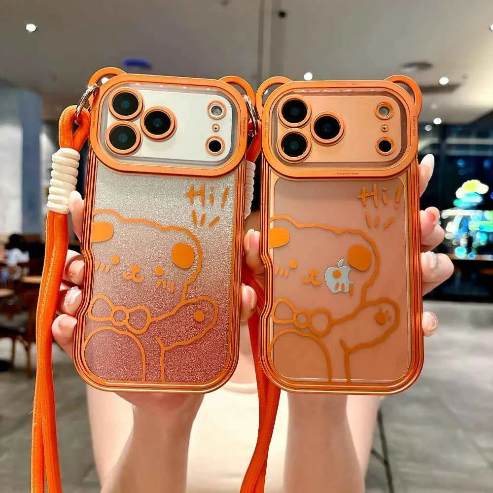 Orange Cute Bear Ear Plating Transparent Long Lanyard Case For iPhone 17 Pro Max 17Pro 17 Air Clear Soft TPU Shockproof Cover