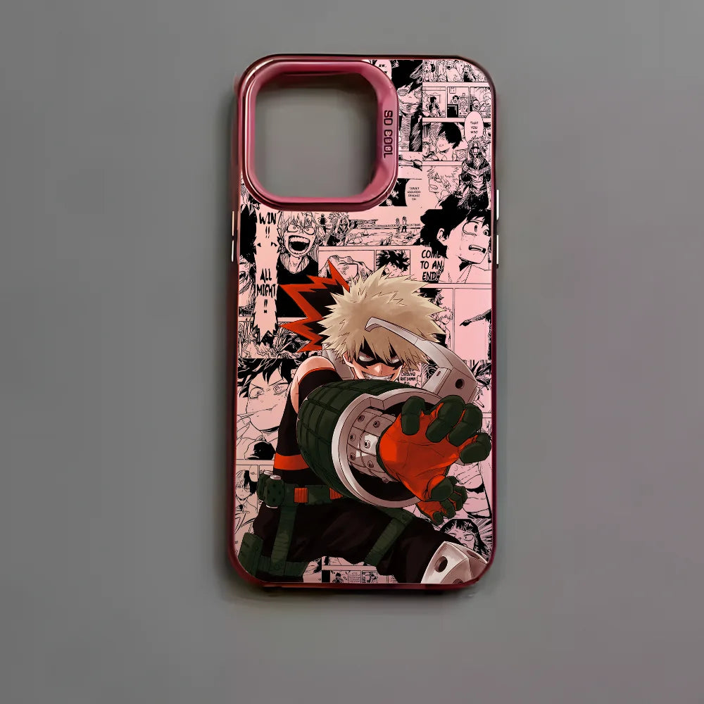 Katsuki Bakugo Anime Phone Case for iPhone 16 15 14 13 12 11 Pro Max - Black Matte Multicolor Laser Metallic Aurora Cover