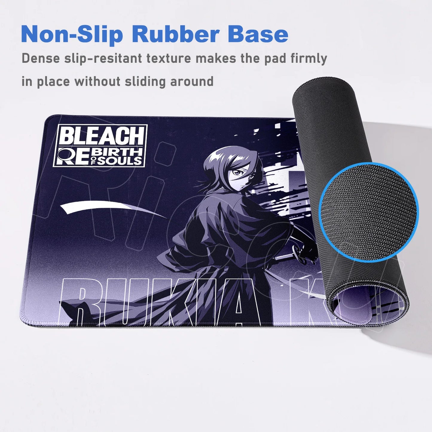 Mouse pad with 'Bleach Rebirth of Souls' design and non-slip rubber base feature.