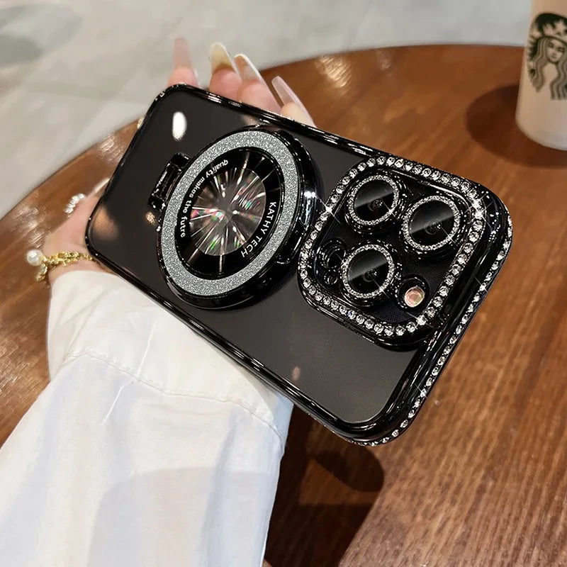 Luxury Glitter Rhinestone for Magsafe Bracket Case for iPhone 15 14 11 12 13 Pro Max Plus Bling Diamond Gradient Stand TPU Cover