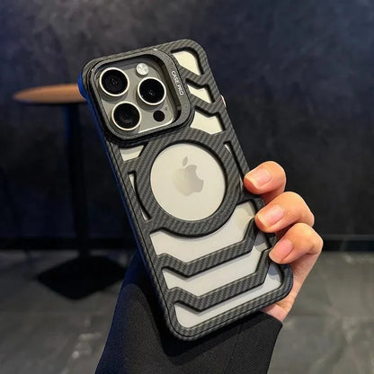 Frameless Fiber Pattern Logo Hole Hollow Magnetic Case for iPhone 12 13 14 15 16 Pro Max Magsafe Lens Stand Flip Bracket Cover