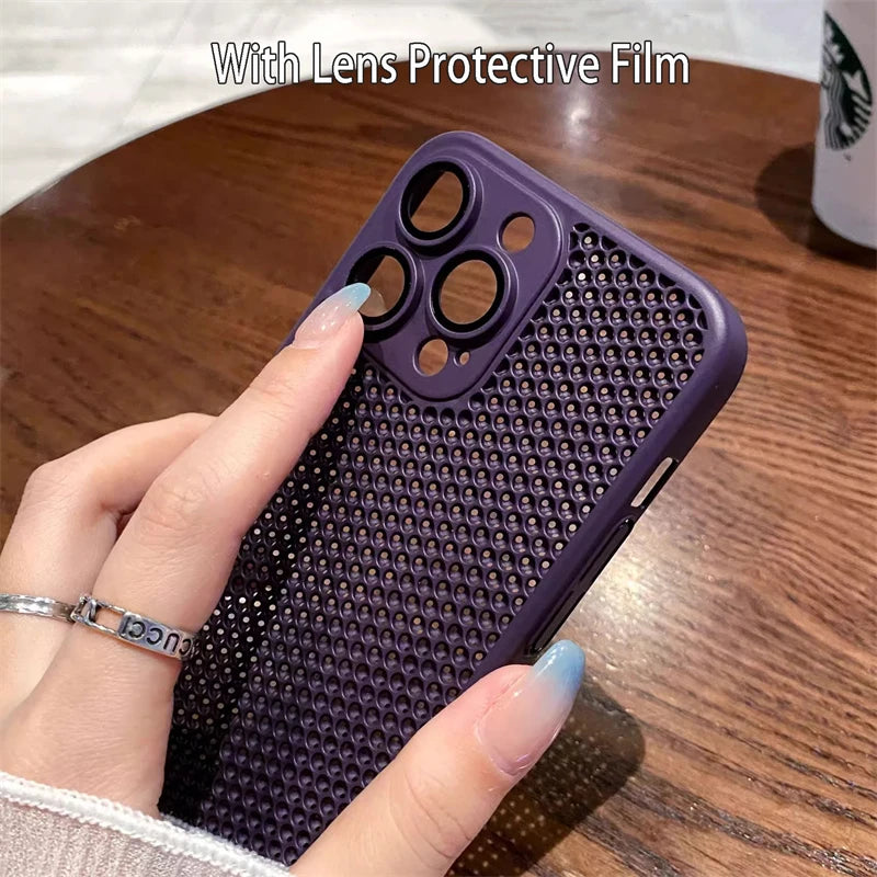 Original Heat Dissipation Breathable Mesh Hole Case For iPhone 16 15 14 11 12 13 Pro Max Plus Lens Protection Shockproof Cover