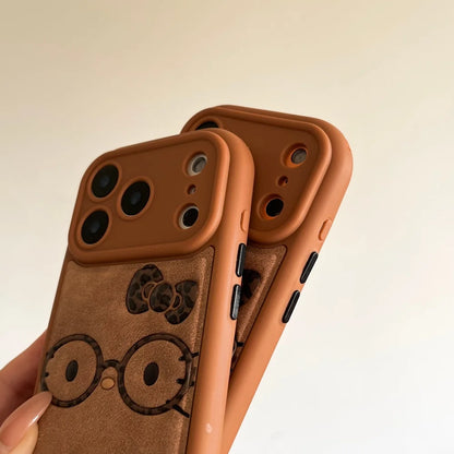 Brown Cute Leather Leopard Print Glasses KT Phone Case Suitable For iPhone 14 Pro 15 16 17 Pro Max Shockproof Protective Case