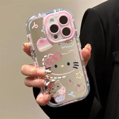 Cute Girl Cartoon Kawaii Hello Kitty Mirror Phone Case For iPhone 16 15 14 13 12 11 Pro Max XR XS MAX 7 8 Plus Y2K Lovely Cover