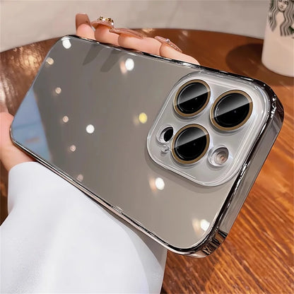 Luxury Plating Bumper Armor Glossy Phone Case For iPhone 15 16 Pro Max 14 13 12 11 Crystal Glass Full Lens Protection Back Cover