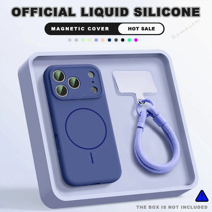A blue magnetic phone case with a matching wrist strap is displayed inside a light gray tray on a white background. Text at the top reads 'OFFICIAL LIQUID SILICONE MAGNETIC COVER HOT SALE' and 'THE BOX IS NOT INCLUDED'.