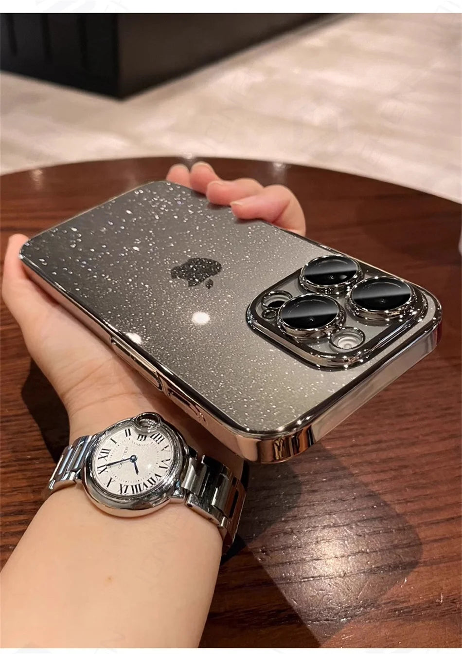 Luxury Bling Glitter Clear Slim Case For iPhone 16 15 14 13 12 Pro Max Shockproof  Plating Bumper Desert Gold Transparent Cover