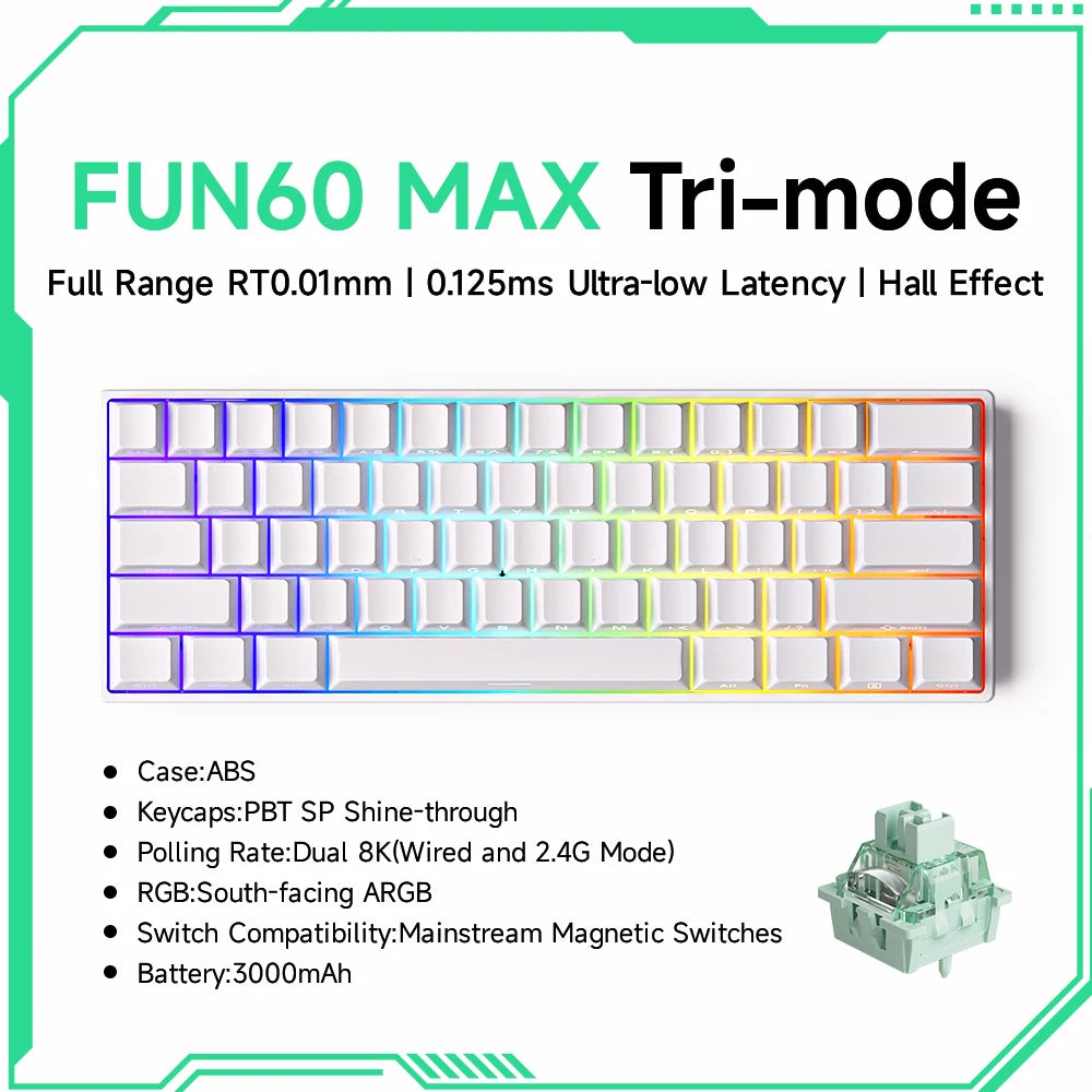AKKO white 60 percent compact RGB keyboard Akko MonsGeek FUN60 magnetic switch keyboard with PBT keycaps