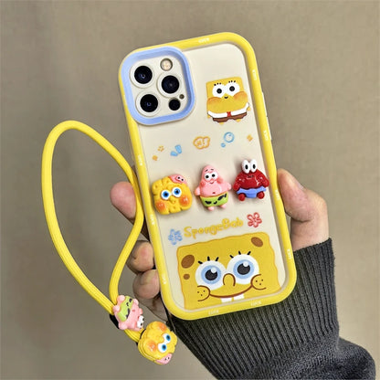 For iPhone 16 promax 15 14 13 Plus 12 Pro Max 11 16e Phone Case Cute Cartoon SpongeBob Patrick Star Cases Wristband Strap Cover