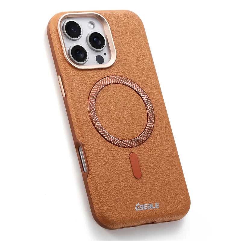 Brown phone case with a magnetic ring holder on a white background