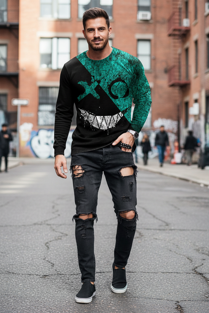 Men’s Casual Long Sleeve O-Neck T-shirt with Funny Pattern Print - Harajuku Street Fashion Top