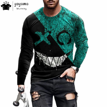 Men’s Casual Long Sleeve O-Neck T-shirt with Funny Pattern Print - Harajuku Street Fashion Top