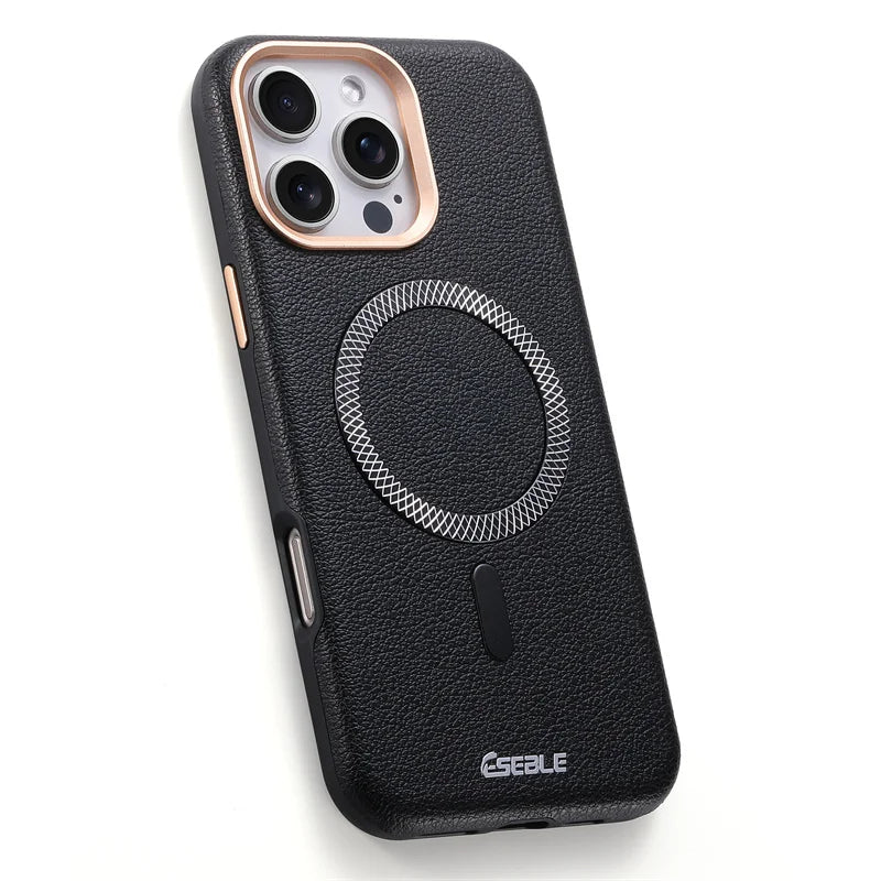 Black phone case with magnetic ring and Eseale branding on a white background