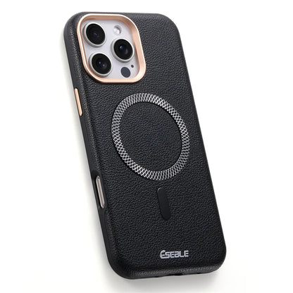 Black phone case with magnetic ring and Eseale branding on a white background