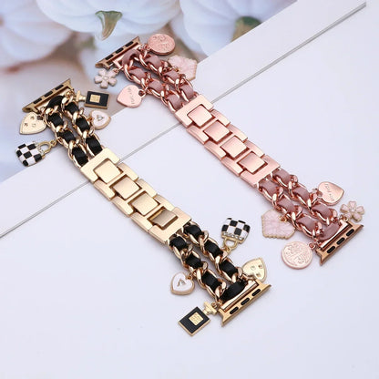 Metal+Leather Strap For Apple Watch Series 9 8 7 6 5 4 se Women Cute Bracelet For iWatch 41mm 45mm 38mm 40 42mm 44mm Luxury Band