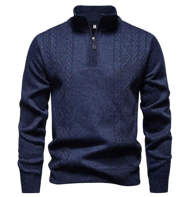 Winter Fleece-Lined Stand Collar Half-Zip Pullover Knitted Sweater for Men,Multi-Color Versatile Casual  Men's Knit Sweater
